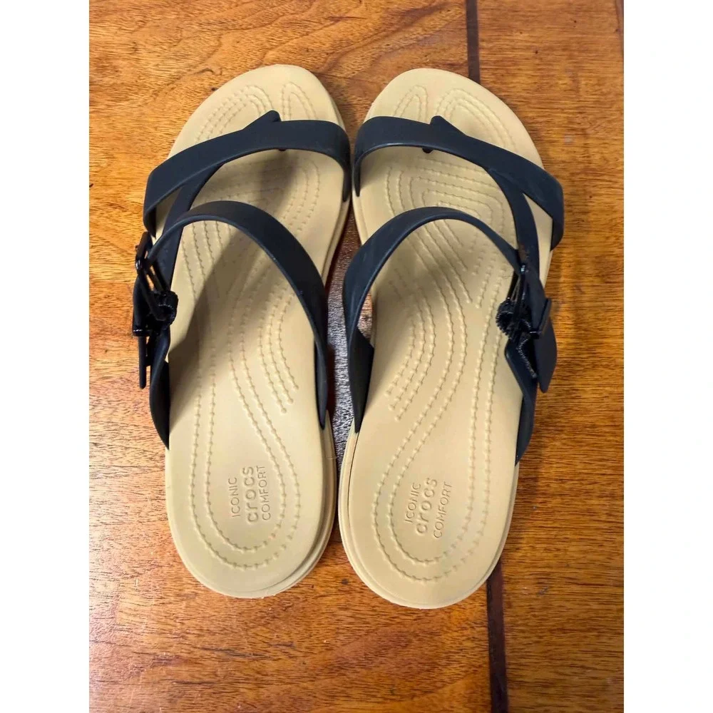 Crocs Tulum Toe Post Sandal Womens 7 Black Tan Strappy Buckle 206108-060